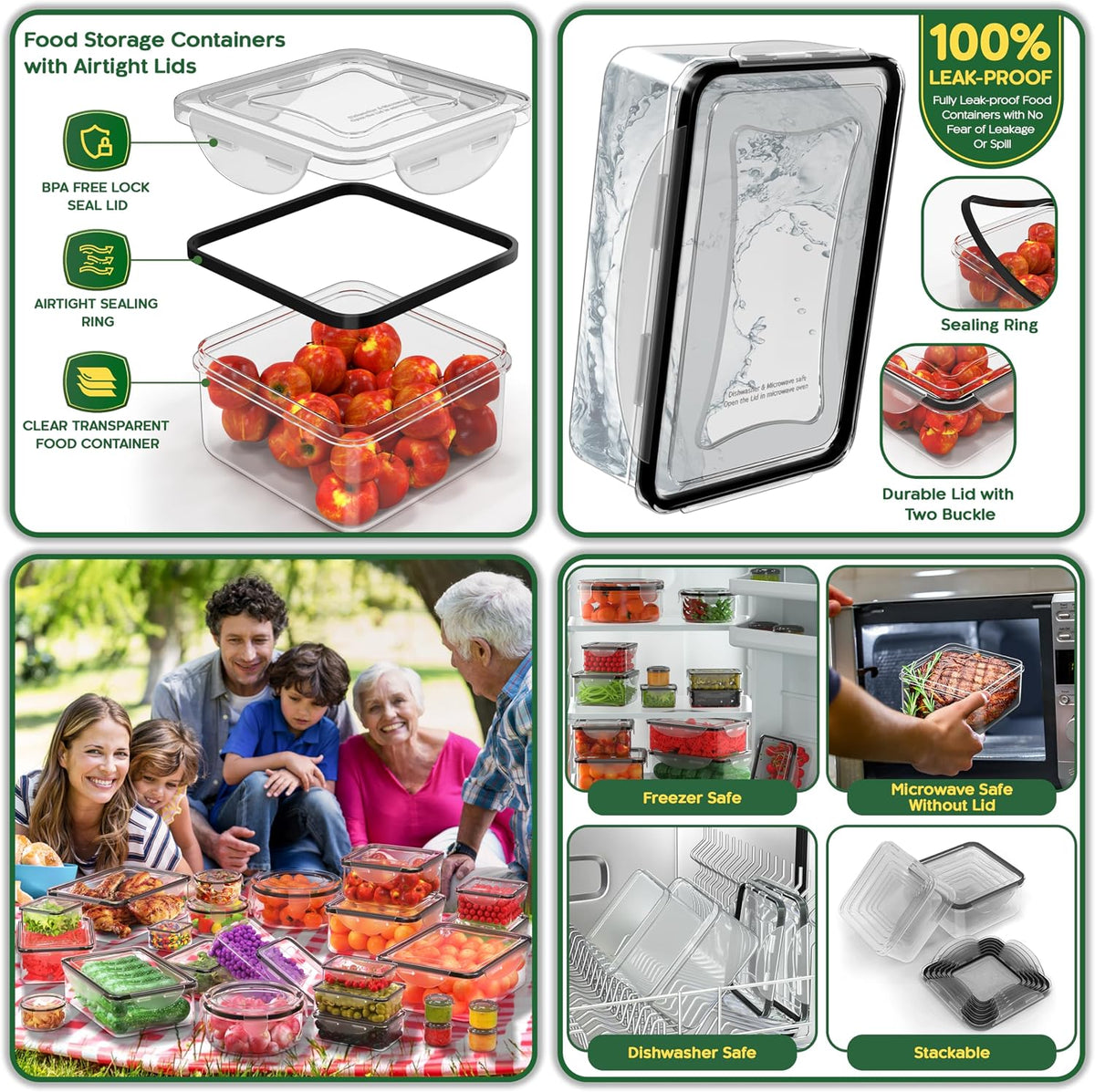 Large Food Storage Containers with Lids Airtight-85 OZ to small Containers-Total 526OZ Stackable Kitchen Set -BPA Free Leak proof containers- Freezer Microwave safe