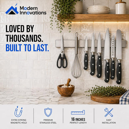 16 Inch Stainless Steel Magnetic Knife Bar with Multi-Purpose Functionality as a Knife Holder, Knife Strip, Magnetic Tool Organizer, Art Supply Organizer & Home Organizer