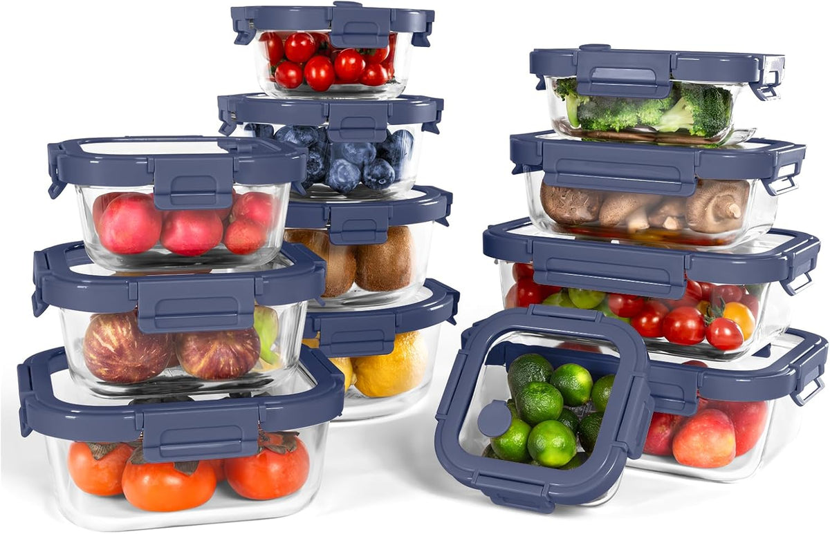 10-Pack Glass Food Storage Containers with Tempered Glass Lids – Borosilicate, Airtight, Oven-Safe (-4°F~950°F), BPA-Free, 4.4 & 1.6 Cup, Leak-Proof, Dishwasher Safe (Gray)