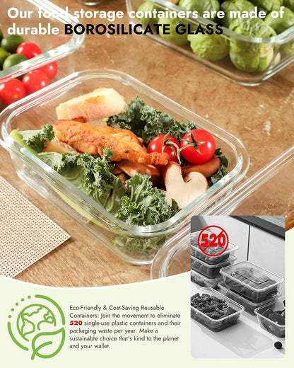 10-Pack Glass Food Storage Containers with Tempered Glass Lids – Borosilicate, Airtight, Oven-Safe (-4°F~950°F), BPA-Free, 4.4 & 1.6 Cup, Leak-Proof, Dishwasher Safe (Gray)