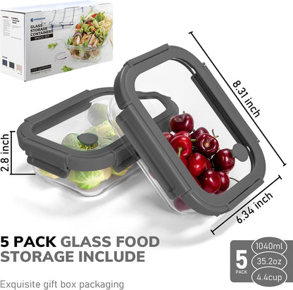 10-Pack Glass Food Storage Containers with Tempered Glass Lids – Borosilicate, Airtight, Oven-Safe (-4°F~950°F), BPA-Free, 4.4 & 1.6 Cup, Leak-Proof, Dishwasher Safe (Gray)