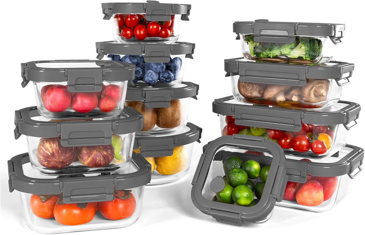 10-Pack Glass Food Storage Containers with Tempered Glass Lids – Borosilicate, Airtight, Oven-Safe (-4°F~950°F), BPA-Free, 4.4 & 1.6 Cup, Leak-Proof, Dishwasher Safe (Gray)