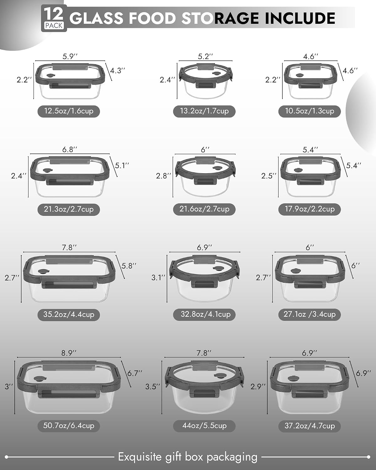10-Pack Glass Food Storage Containers with Tempered Glass Lids – Borosilicate, Airtight, Oven-Safe (-4°F~950°F), BPA-Free, 4.4 & 1.6 Cup, Leak-Proof, Dishwasher Safe (Gray)