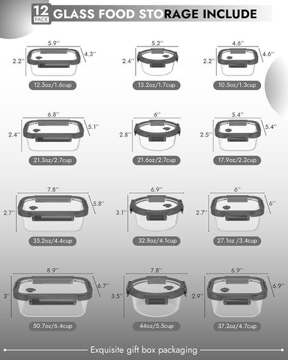 10-Pack Glass Food Storage Containers with Tempered Glass Lids – Borosilicate, Airtight, Oven-Safe (-4°F~950°F), BPA-Free, 4.4 & 1.6 Cup, Leak-Proof, Dishwasher Safe (Gray)