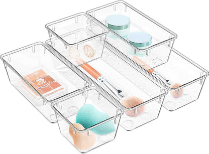 6 Pack Clear Drawer Organizer Set, Drawer Storage Trays, Storage Bins