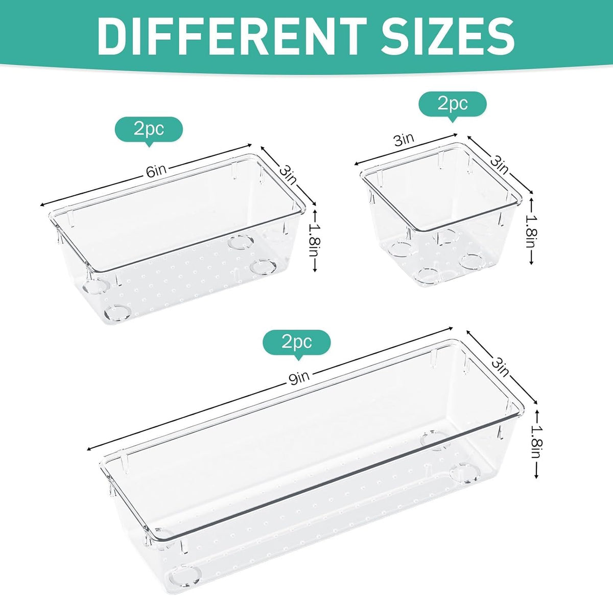 6 Pack Clear Drawer Organizer Set, Drawer Storage Trays, Storage Bins