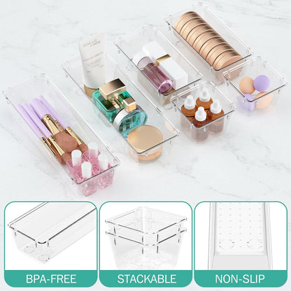 6 Pack Clear Drawer Organizer Set, Drawer Storage Trays, Storage Bins