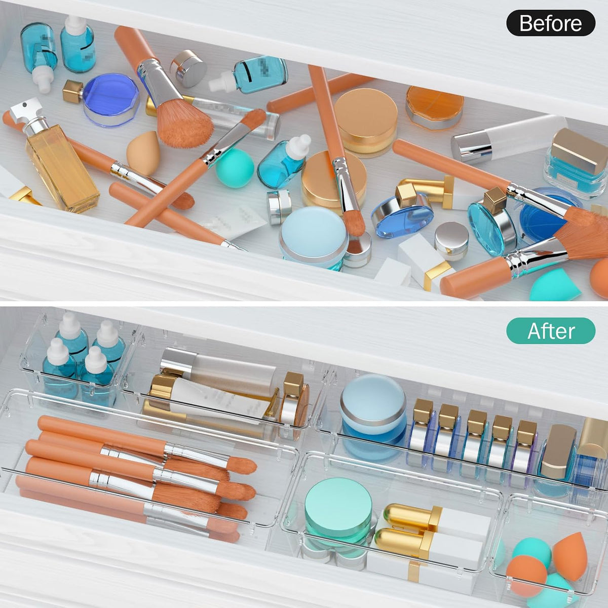 6 Pack Clear Drawer Organizer Set, Drawer Storage Trays, Storage Bins