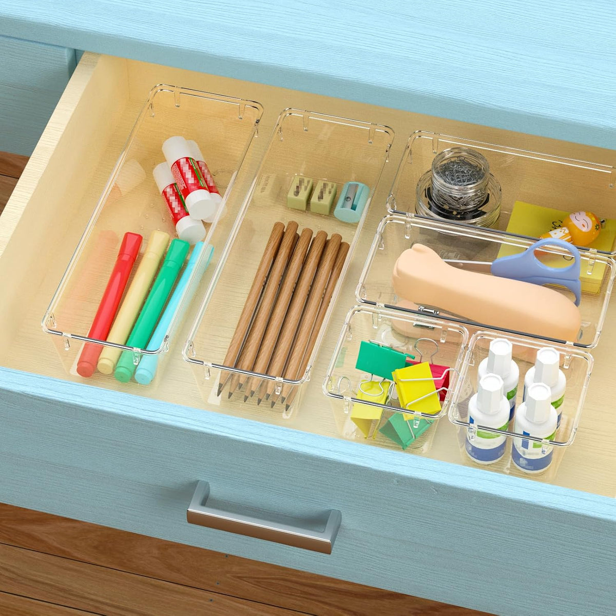 6 Pack Clear Drawer Organizer Set, Drawer Storage Trays, Storage Bins