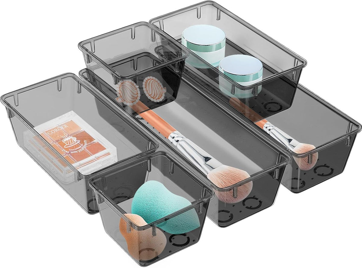 6 Pack Clear Drawer Organizer Set, Drawer Storage Trays, Storage Bins