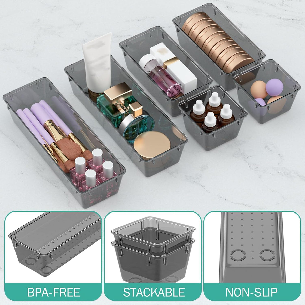 6 Pack Clear Drawer Organizer Set, Drawer Storage Trays, Storage Bins