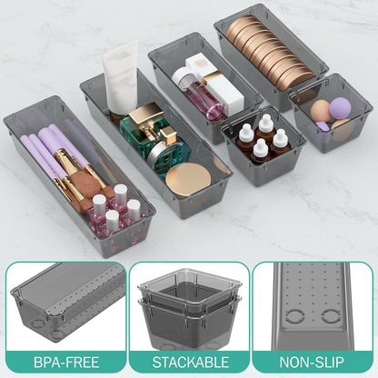 6 Pack Clear Drawer Organizer Set, Drawer Storage Trays, Storage Bins