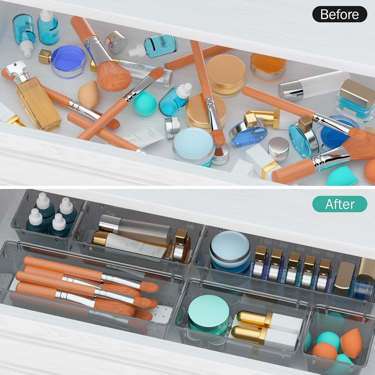 6 Pack Clear Drawer Organizer Set, Drawer Storage Trays, Storage Bins