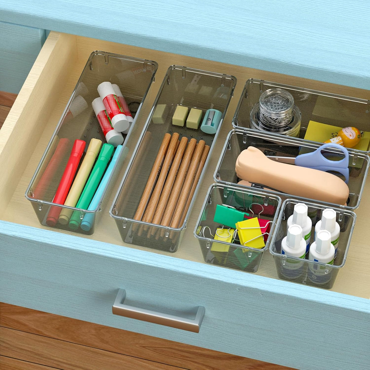 6 Pack Clear Drawer Organizer Set, Drawer Storage Trays, Storage Bins