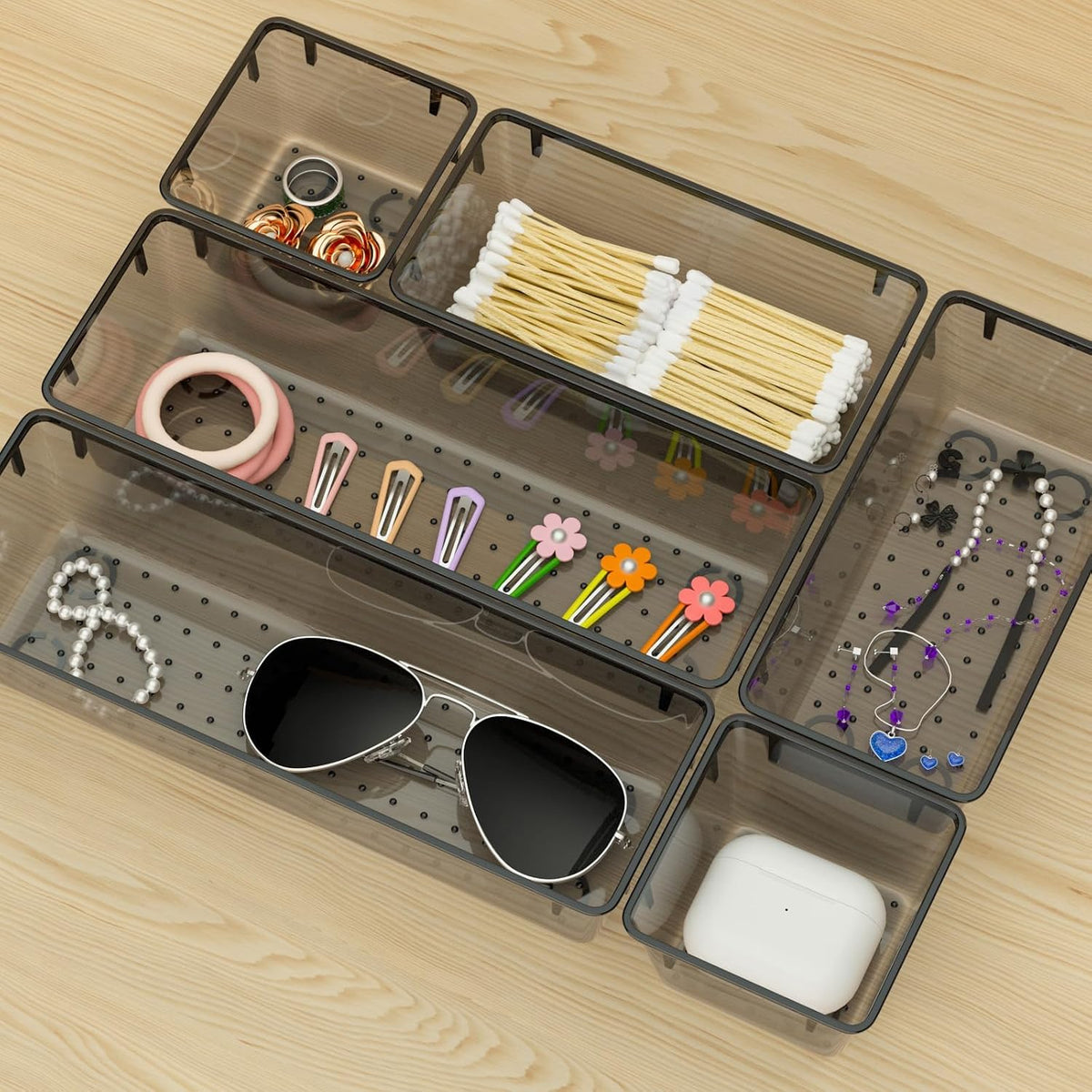 6 Pack Clear Drawer Organizer Set, Drawer Storage Trays, Storage Bins