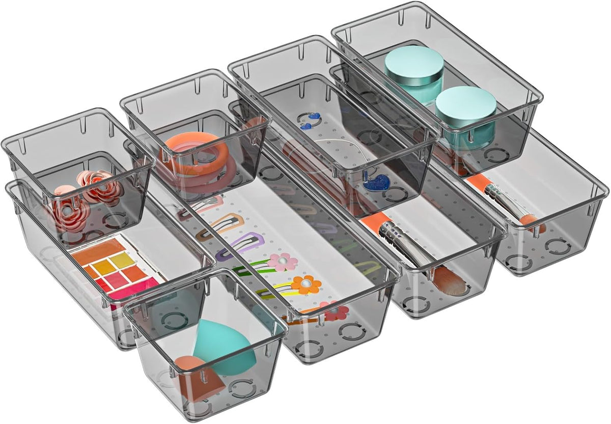 6 Pack Clear Drawer Organizer Set, Drawer Storage Trays, Storage Bins