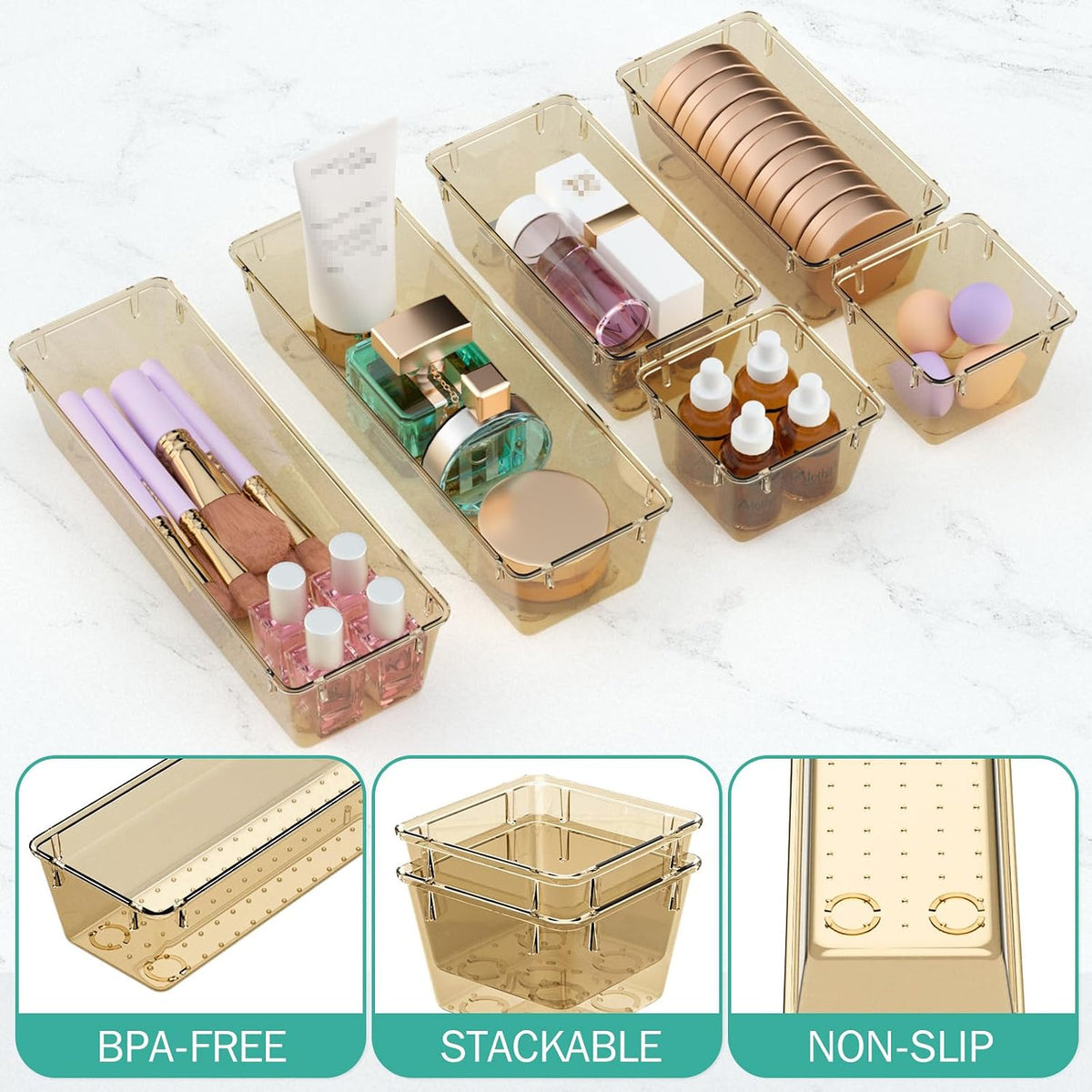 6 Pack Clear Drawer Organizer Set, Drawer Storage Trays, Storage Bins
