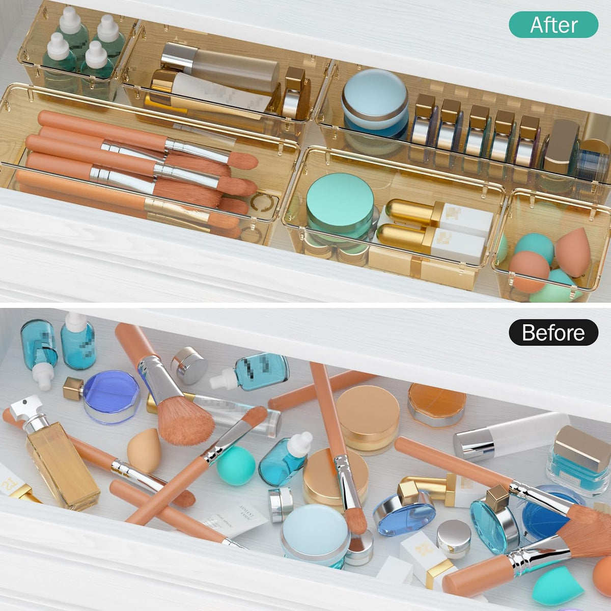 6 Pack Clear Drawer Organizer Set, Drawer Storage Trays, Storage Bins
