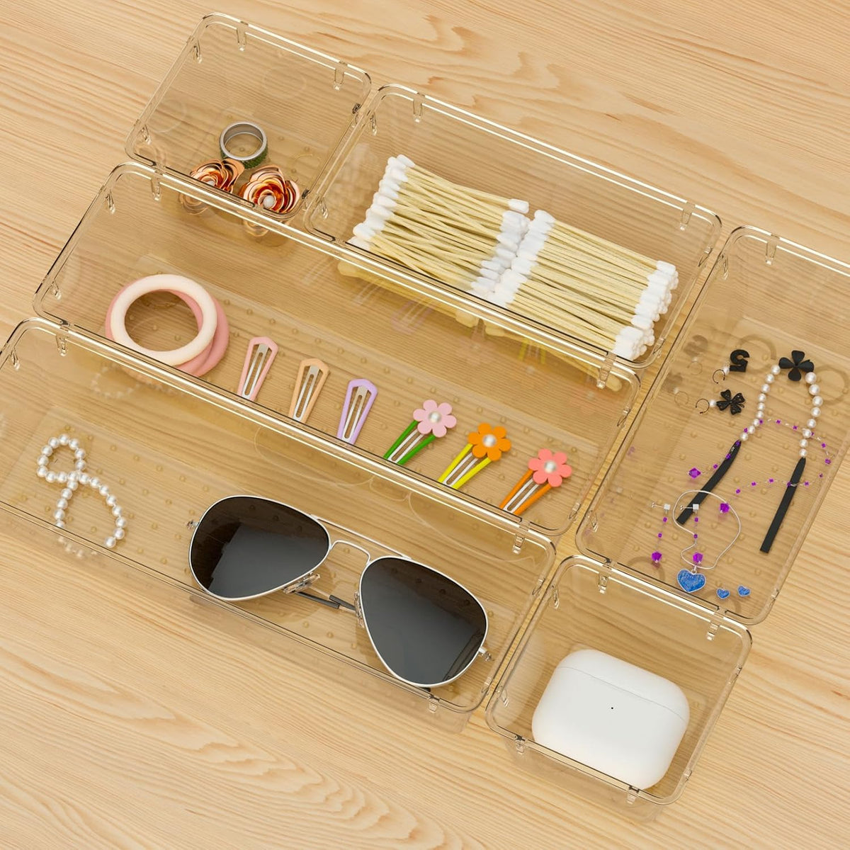 6 Pack Clear Drawer Organizer Set, Drawer Storage Trays, Storage Bins