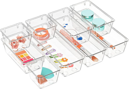 6 Pack Clear Drawer Organizer Set, Drawer Storage Trays, Storage Bins