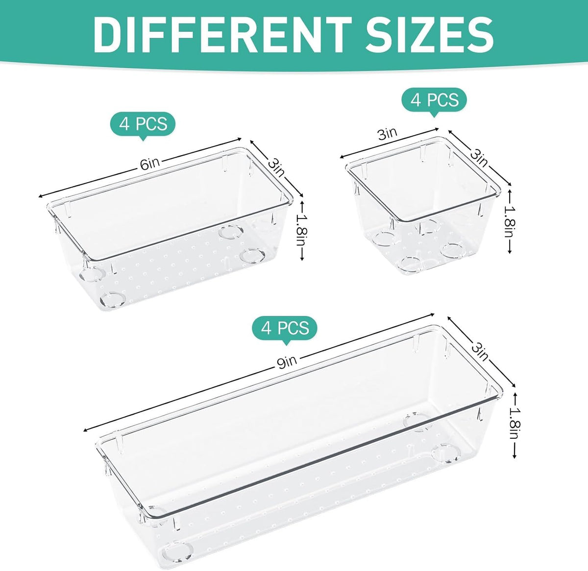 6 Pack Clear Drawer Organizer Set, Drawer Storage Trays, Storage Bins