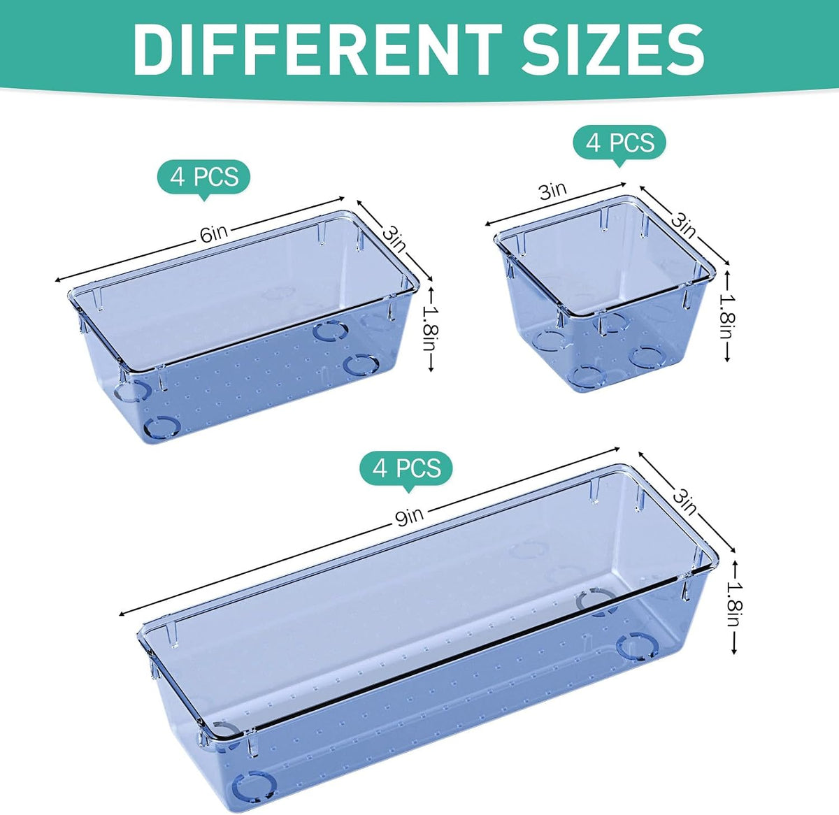 6 Pack Clear Drawer Organizer Set, Drawer Storage Trays, Storage Bins