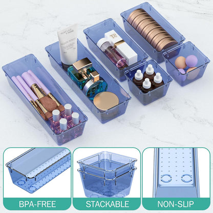6 Pack Clear Drawer Organizer Set, Drawer Storage Trays, Storage Bins