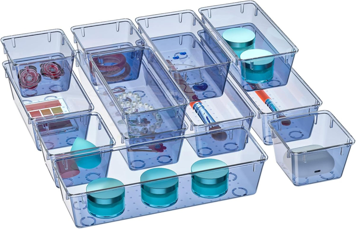 6 Pack Clear Drawer Organizer Set, Drawer Storage Trays, Storage Bins