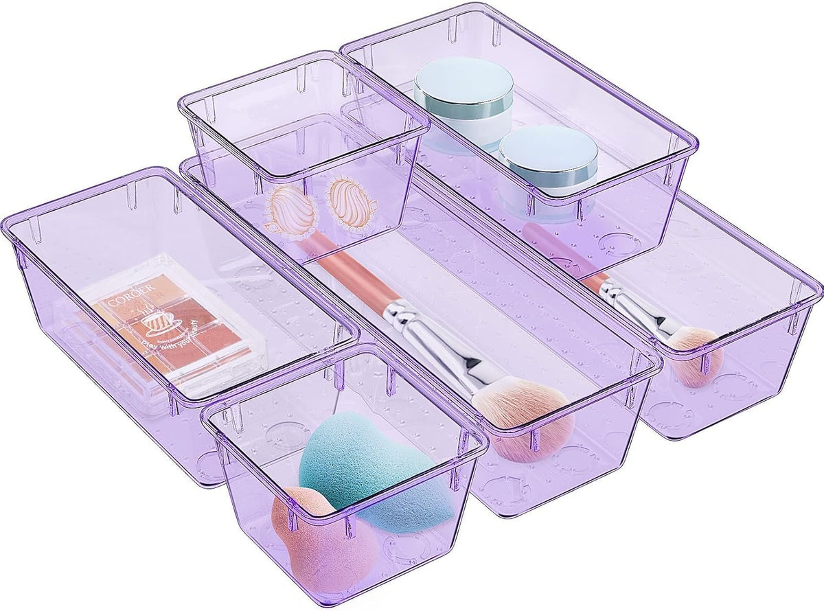6 Pack Clear Drawer Organizer Set, Drawer Storage Trays, Storage Bins
