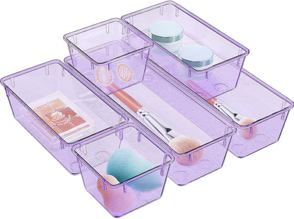 6 Pack Clear Drawer Organizer Set, Drawer Storage Trays, Storage Bins
