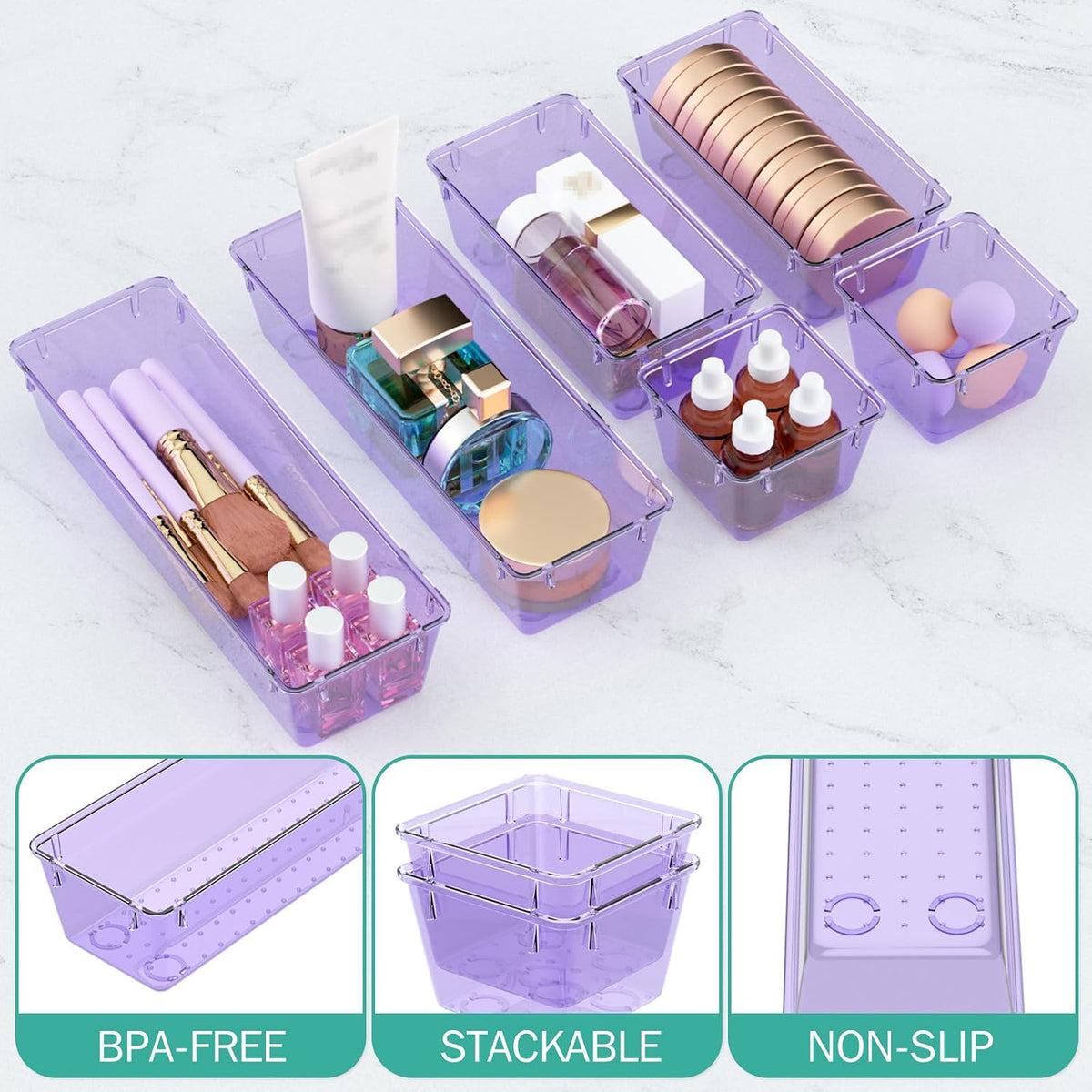 6 Pack Clear Drawer Organizer Set, Drawer Storage Trays, Storage Bins