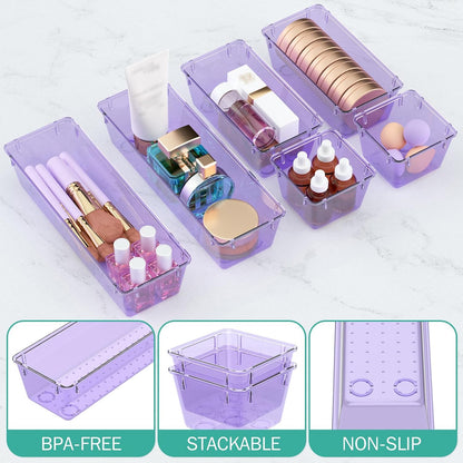 6 Pack Clear Drawer Organizer Set, Drawer Storage Trays, Storage Bins