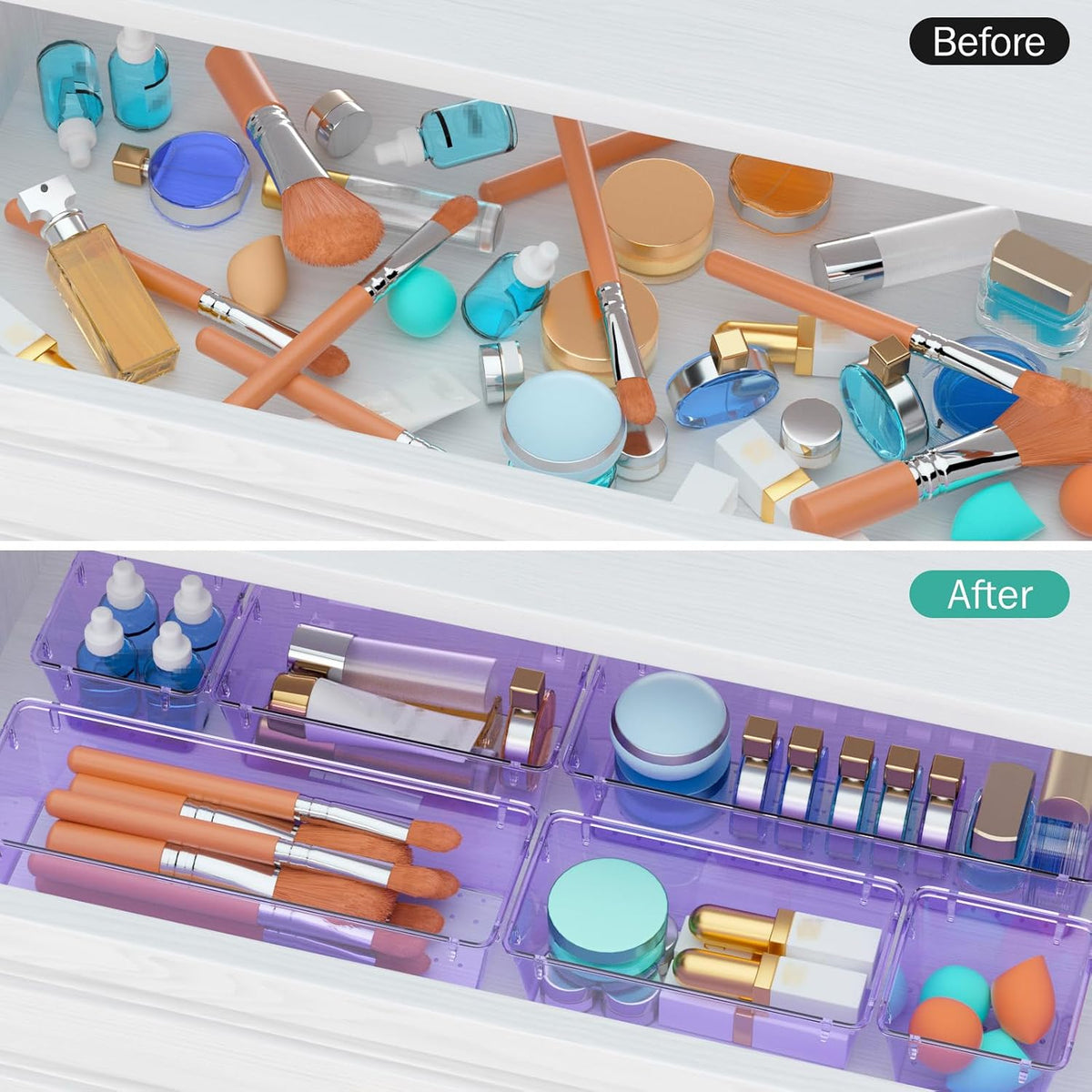 6 Pack Clear Drawer Organizer Set, Drawer Storage Trays, Storage Bins