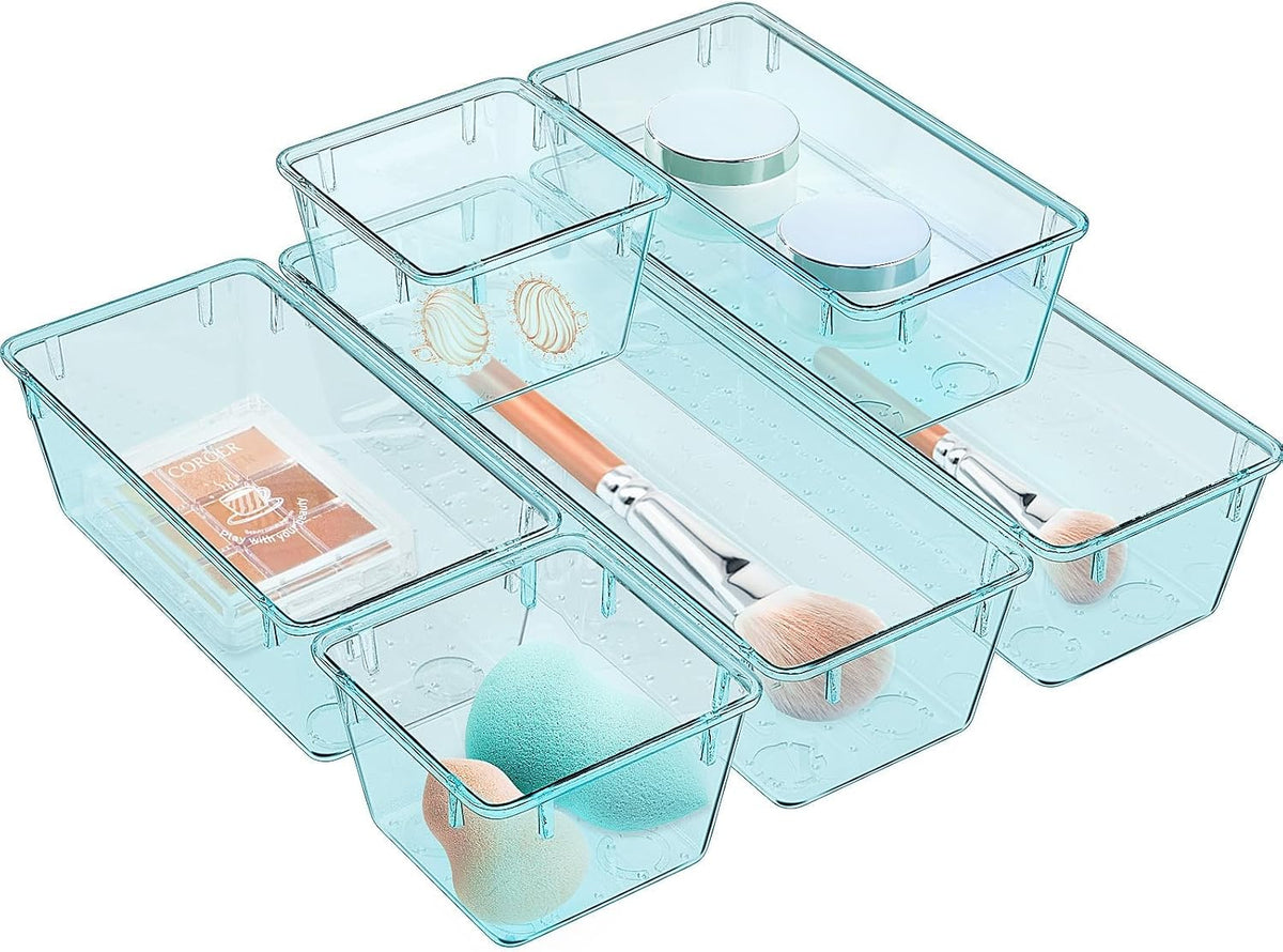 6 Pack Clear Drawer Organizer Set, Drawer Storage Trays, Storage Bins