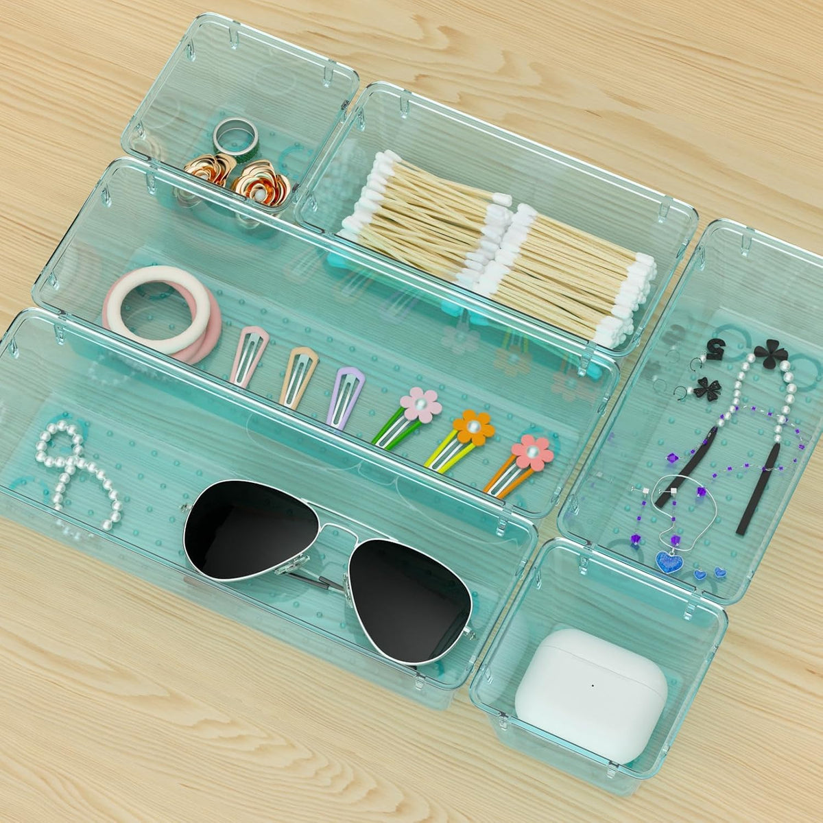 6 Pack Clear Drawer Organizer Set, Drawer Storage Trays, Storage Bins
