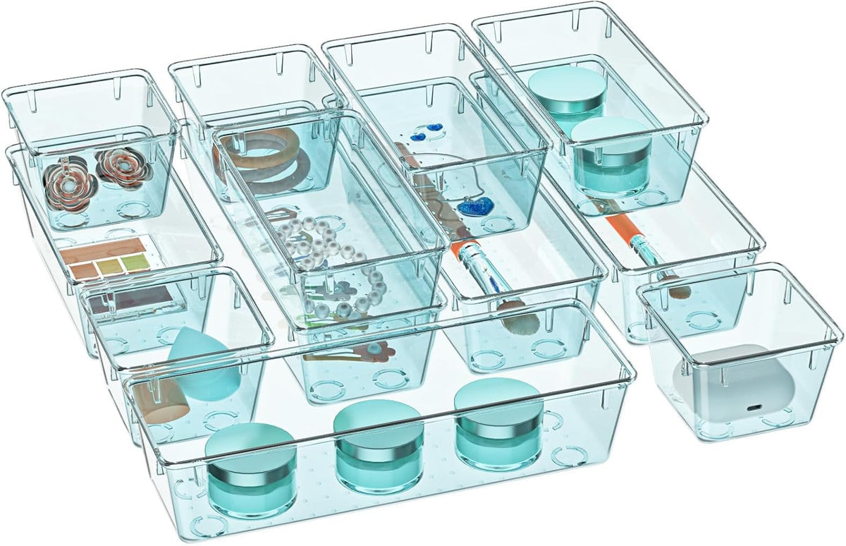 6 Pack Clear Drawer Organizer Set, Drawer Storage Trays, Storage Bins