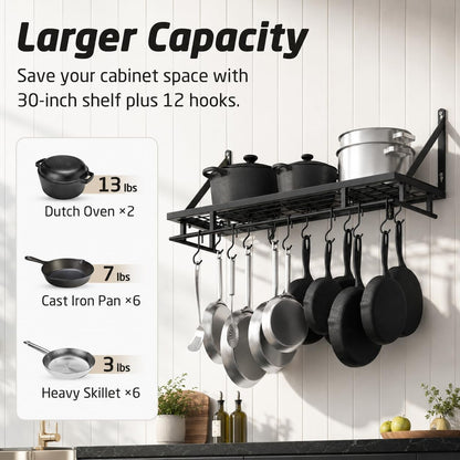 30-Inch Kitchen Pan Pot Rack Wall Mounted, Hanging Storage Organizer