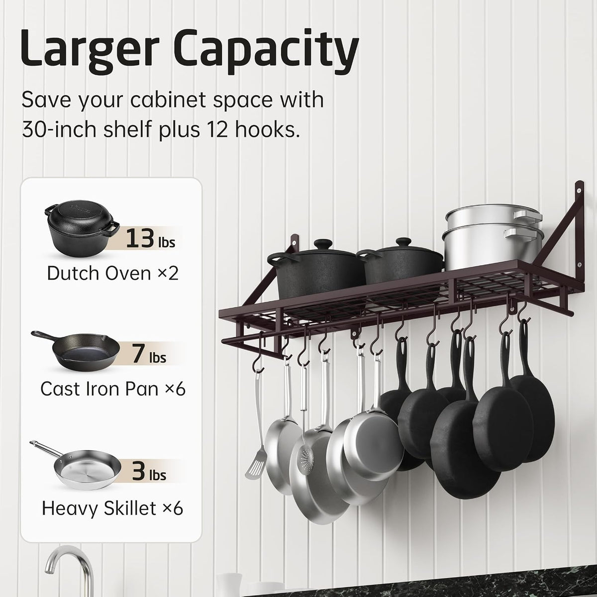 30-Inch Kitchen Pan Pot Rack Wall Mounted, Hanging Storage Organizer