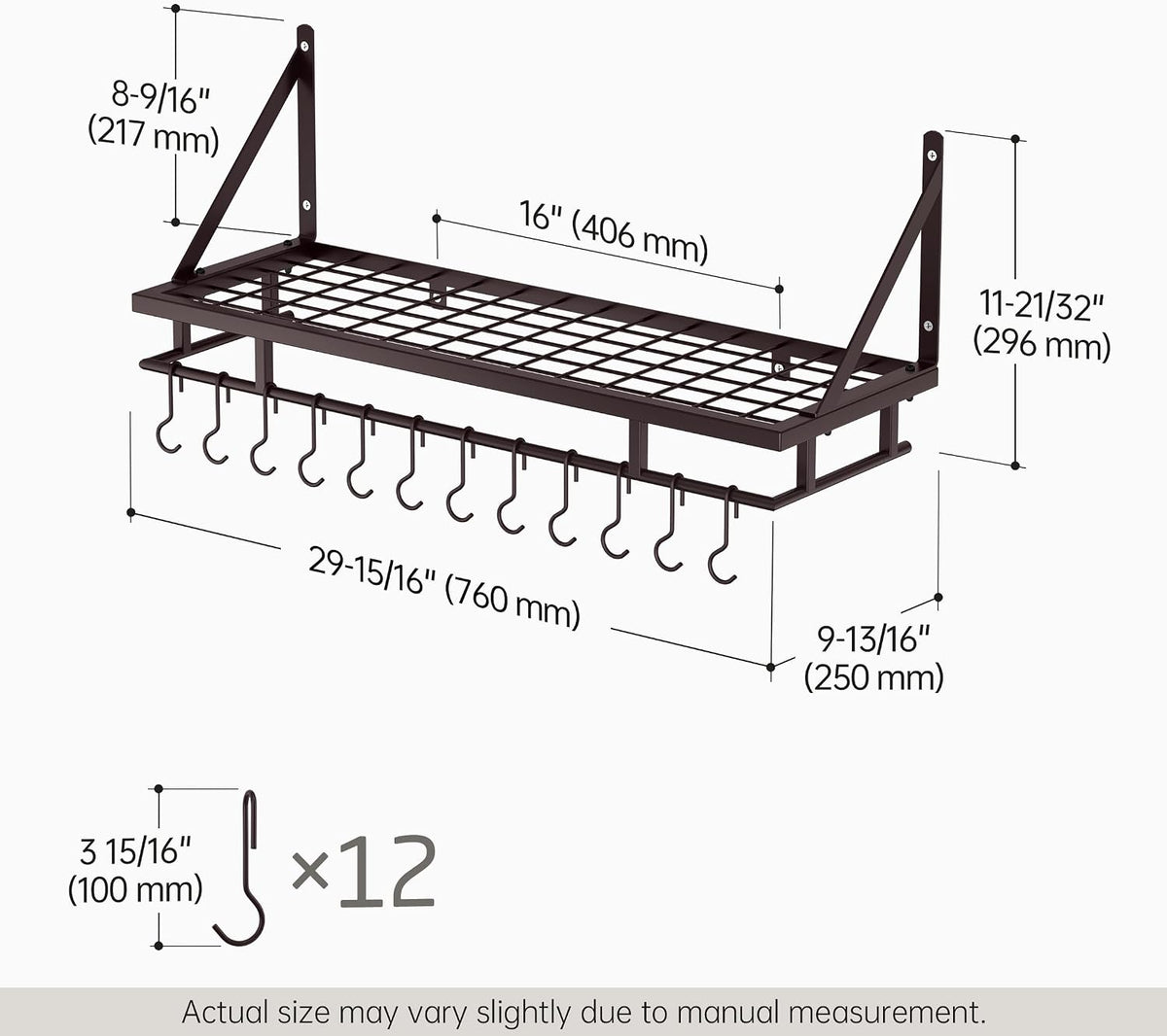 30-Inch Kitchen Pan Pot Rack Wall Mounted, Hanging Storage Organizer