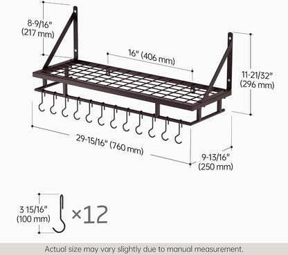 30-Inch Kitchen Pan Pot Rack Wall Mounted, Hanging Storage Organizer