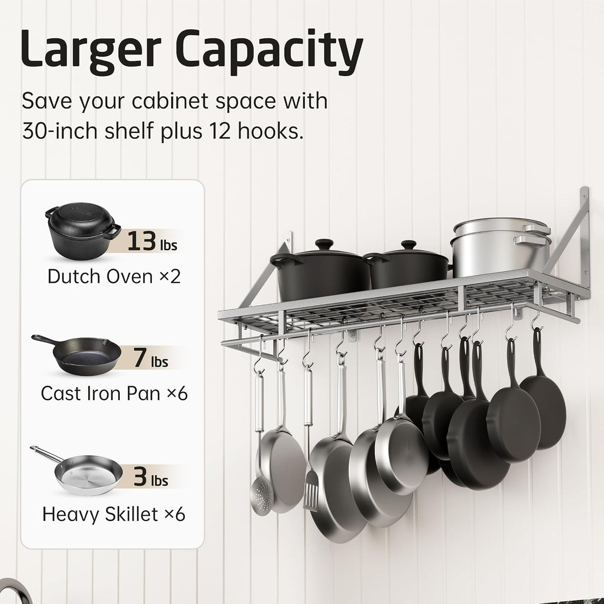 30-Inch Kitchen Pan Pot Rack Wall Mounted, Hanging Storage Organizer