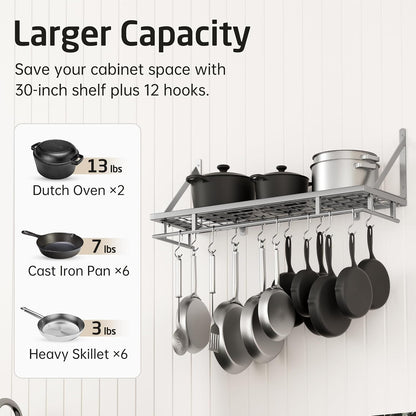 30-Inch Kitchen Pan Pot Rack Wall Mounted, Hanging Storage Organizer