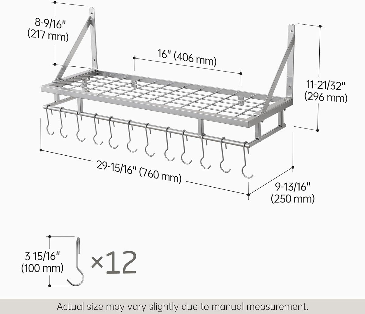 30-Inch Kitchen Pan Pot Rack Wall Mounted, Hanging Storage Organizer
