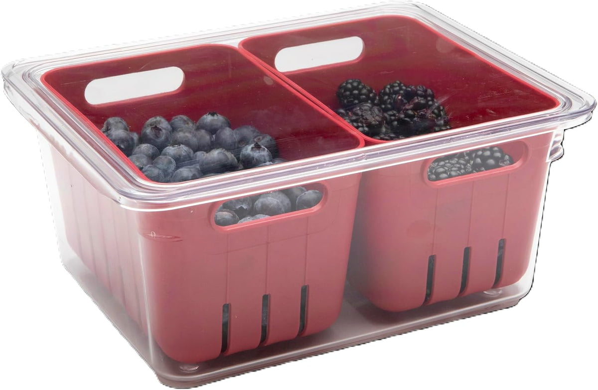 Fruit Berry Vegetable Fridge Storage Container, 2 Baskets | Two removable bins for easy rinsing, Air circulates to keep produce fresher longer, Great for crisper drawers or counters