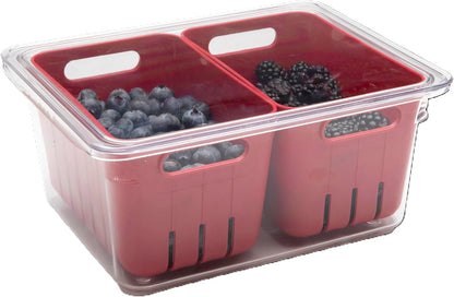 Fruit Berry Vegetable Fridge Storage Container, 2 Baskets | Two removable bins for easy rinsing, Air circulates to keep produce fresher longer, Great for crisper drawers or counters