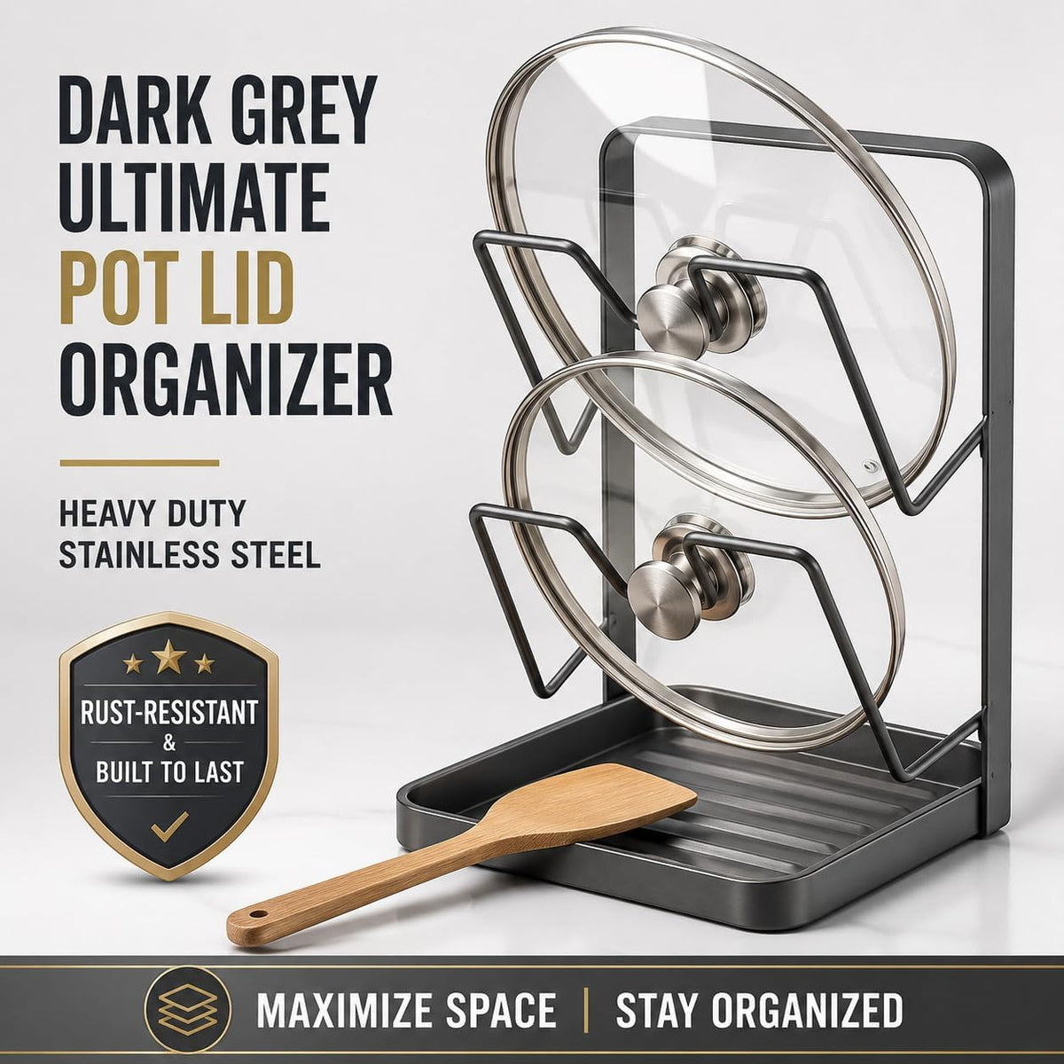 Pot Lid Organizer for Countertop, Heavy Duty Stainless Steel Pan Lid Holder with Spoon Rest & Drip Tray, 2 Tier Space Saving Kitchen Stand for Cast Iron Cover, Dark Grey