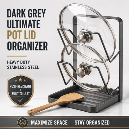 Pot Lid Organizer for Countertop, Heavy Duty Stainless Steel Pan Lid Holder with Spoon Rest & Drip Tray, 2 Tier Space Saving Kitchen Stand for Cast Iron Cover, Dark Grey