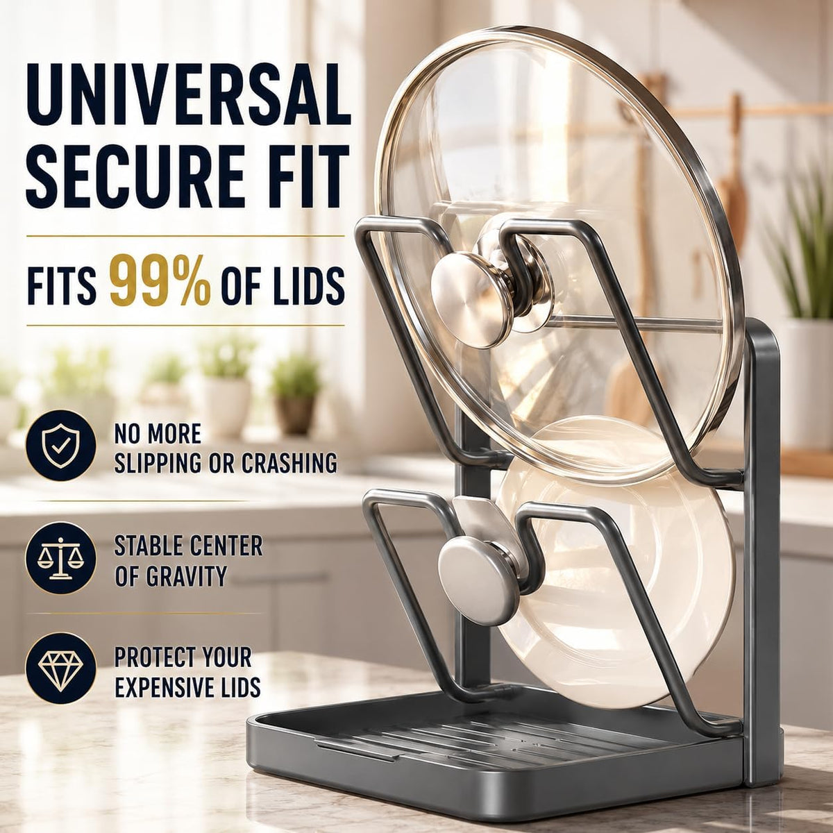 Pot Lid Organizer for Countertop, Heavy Duty Stainless Steel Pan Lid Holder with Spoon Rest & Drip Tray, 2 Tier Space Saving Kitchen Stand for Cast Iron Cover, Dark Grey