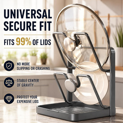 Pot Lid Organizer for Countertop, Heavy Duty Stainless Steel Pan Lid Holder with Spoon Rest & Drip Tray, 2 Tier Space Saving Kitchen Stand for Cast Iron Cover, Dark Grey