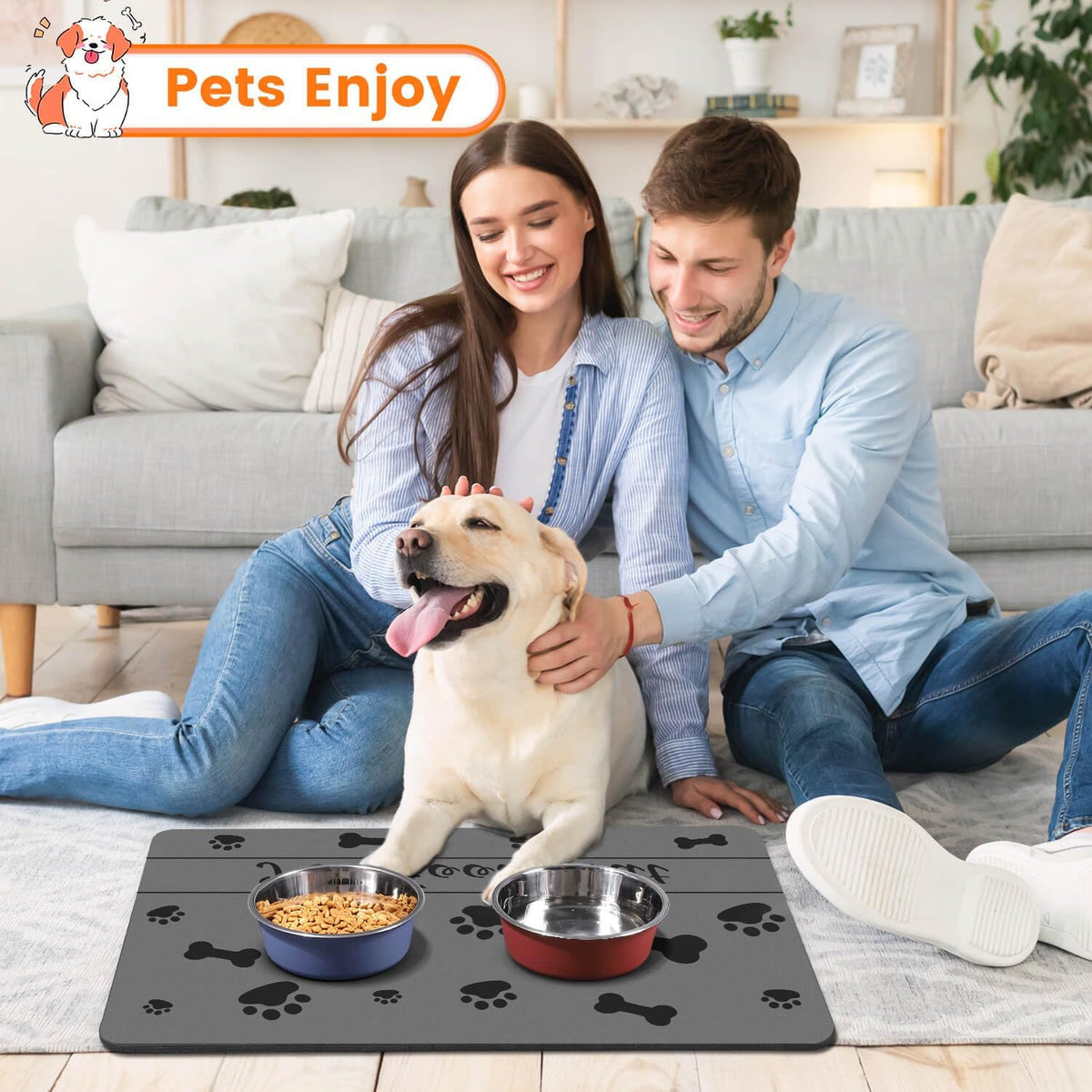 Pet Feeding Mat-Absorbent Pet Placemat for Food and Water Bowl, with Waterproof Rubber Backing, Quick Dry Water Dispenser Mat for Dog and Cat (20"x12", Striped Dark Gray)